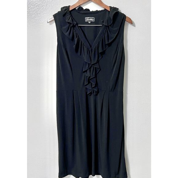 VTG Y2K Black Dress Sz 14 Sleeveless midi ruffle V-neck Empire Waist Career - Picture 1 of 8